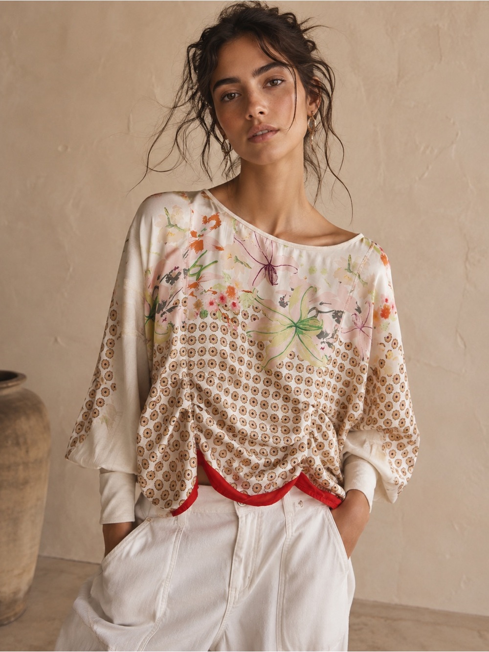 Anthropologie Tiny silky linen blend flroal print Top small Boho Botanical